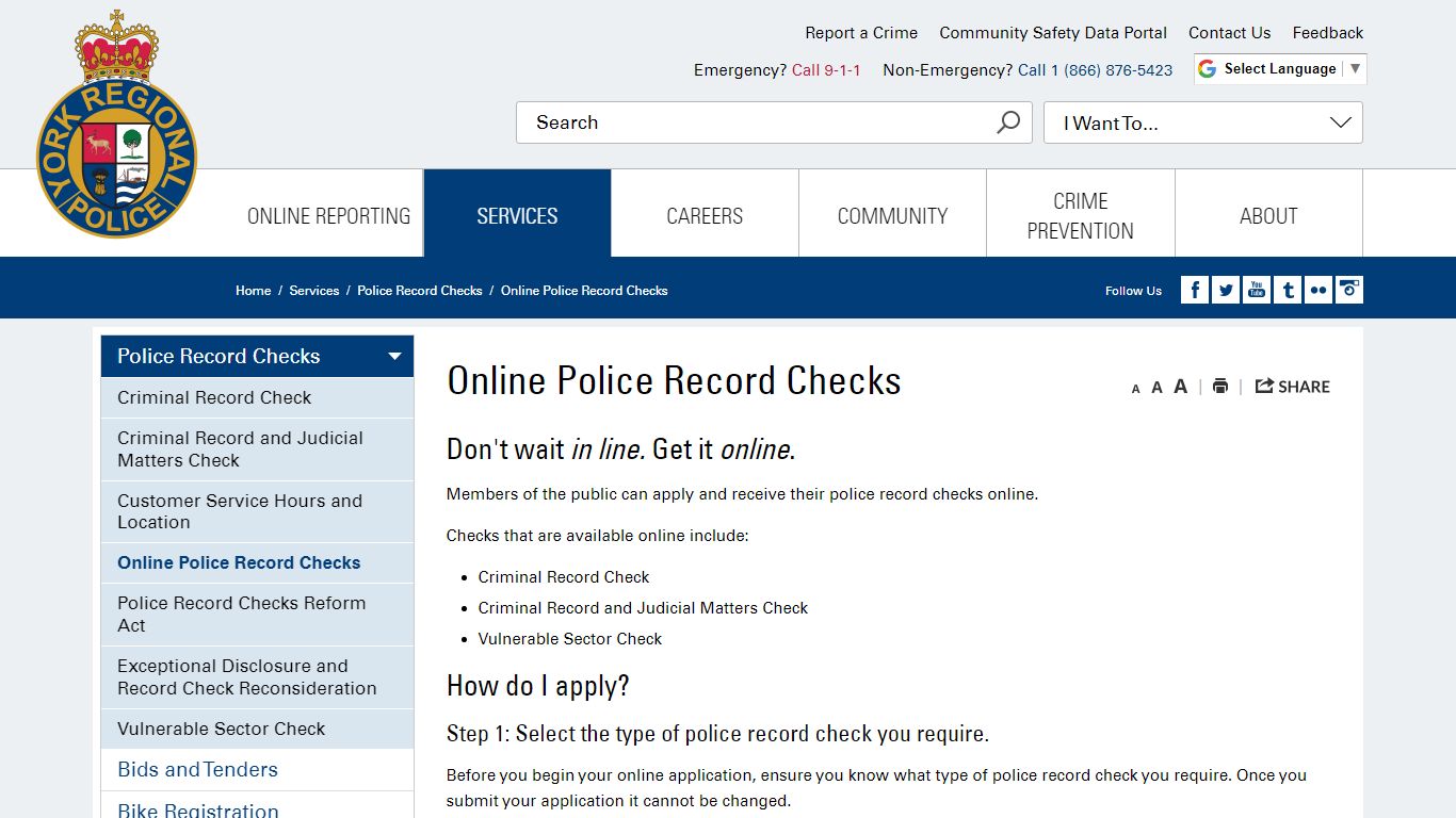 Online Police Record Checks - York Regional Police